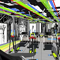 Modern Gym Interior With Fitness Equipment Workout Posters And Colorful Ceiling Pipes