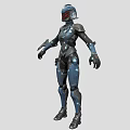 Humanoid Smart Machine Equipped with Blue and Black Armor Helmet and Weapon