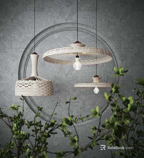 Woven Chandeliers With Round Patterns Gray Background And Green Plants Design 3d model 