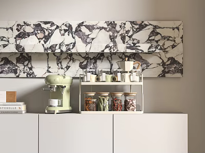 Kitchen Appliances With Marble Backsplash Light Green Coffee Machine Jars On Shelf And White Cabinets 3d model