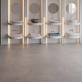 Row of Modern Washbasins With Round Mirrors And Colorful Styles In Bright Lighting