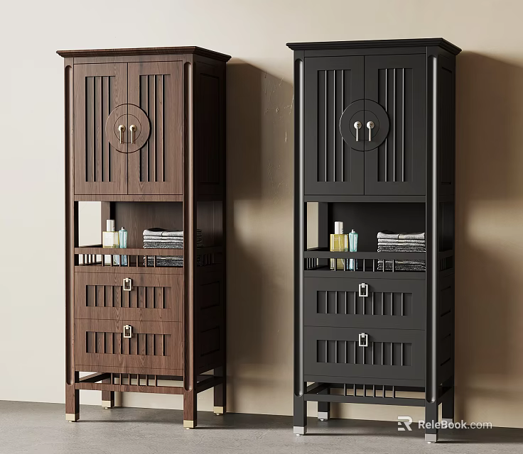 Traditional Wooden Storage Cabinet in Brown and Black with Doors Drawers for Home Storage 3d model 