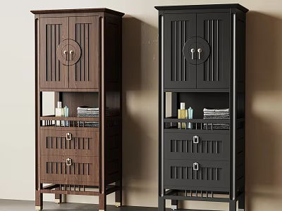 Traditional Wooden Storage Cabinet in Brown and Black with Doors Drawers for Home Storage 3d model