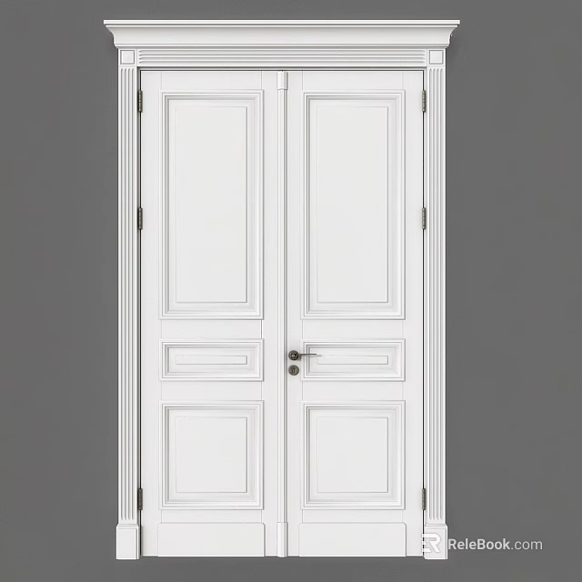 White Double Panel Interior Doors With Classic Design And Metal Hardware 3d model