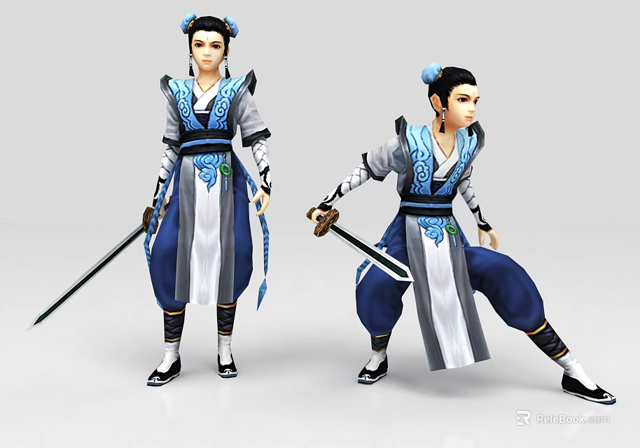 Game And Movie Character In Traditional Blue White Outfit Holding Swords With Different Poses 3d model 