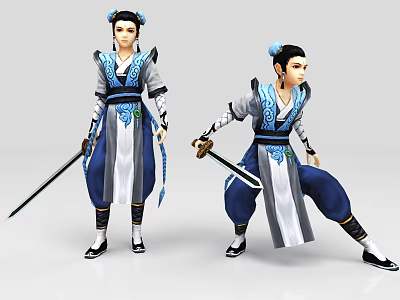 Game And Movie Character In Traditional Blue White Outfit Holding Swords With Different Poses 3d model