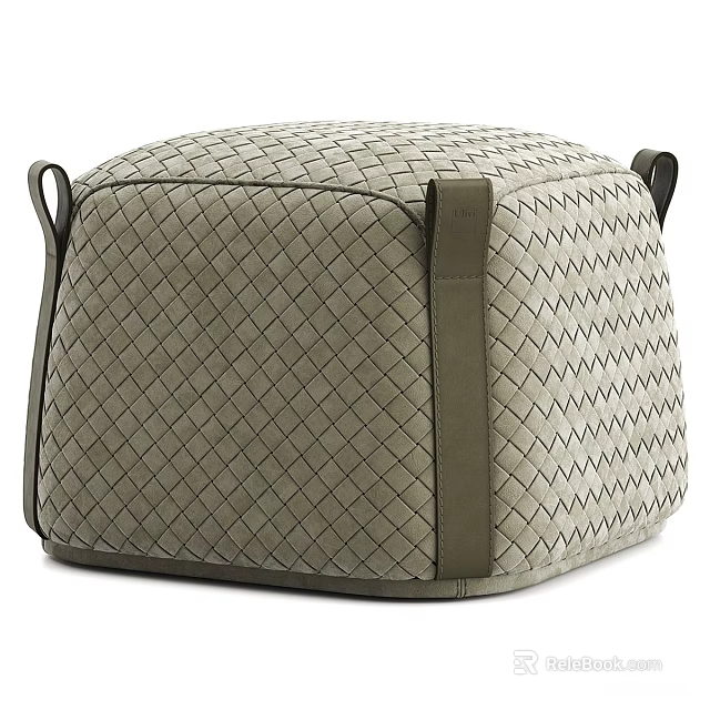 Modern Woven Sofa Stool With Light Beige Texture And Green Leather Straps 3d model