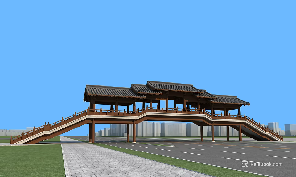 Ancient Architecture Bridge With Wooden Pavilions Black Tiled Roofs Against Blue Sky Modern Buildings 3d model 