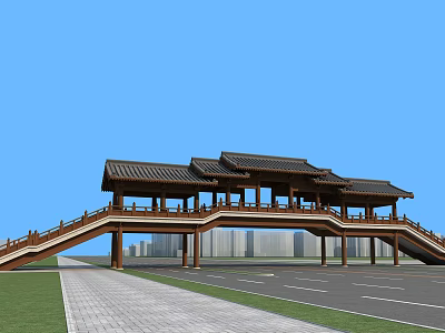 Ancient Architecture Bridge With Wooden Pavilions Black Tiled Roofs Against Blue Sky Modern Buildings 3d model