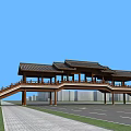 Ancient Architecture Bridge With Wooden Pavilions Black Tiled Roofs Against Blue Sky Modern Buildings