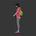 Woman in Pink Hoodie with Colorful Heart 80s Print Green Backpack Gray Pants Pink Shoes