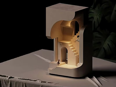 Architectural Model Featuring Warm Wall Lamp Illuminating Staircase Archway and Green Plants 3d model