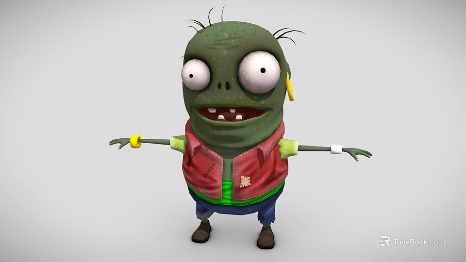 Cartoon Style Game Movie Character With Green Skin Big Eyes Red Vest And Blue Pants 3d model