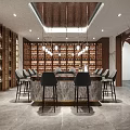 Modern Bar Counter Interior With Marble Top Wine Racks And Pendant Lights