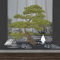 Courtyard Garden Featuring Pine Tree Stones Vertical Slatted Screen Wooden Floor And Lighting