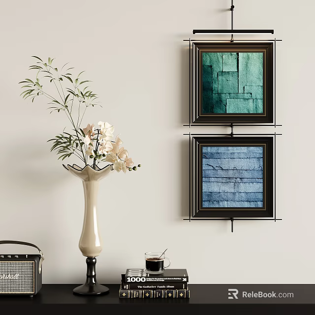 Elegant Wall Decor Featuring Framed Paintings Vase With Flowers And Table Accents 3d model