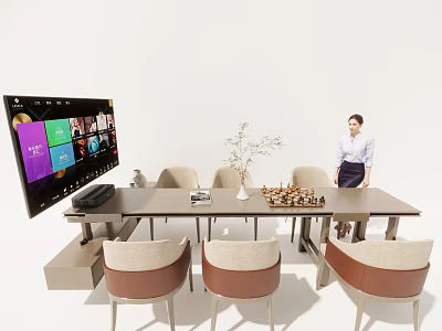 Modern Dining Table Set with Brown Upholstered Chairs Vase Twigs Chess Pieces Large Screen 3d model