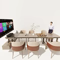 Modern Dining Table Set with Brown Upholstered Chairs Vase Twigs Chess Pieces Large Screen
