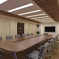 Spacious Conference Room With Long Wooden Table Gray Chairs And Linear Ceiling Lights