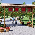 Scenic Park Landscape With Stone Archway Fruit Laden Pomegranate Trees And People Walking Along Path