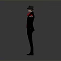 Man in Black Top Hat and Red Shirt with Arms Outstretched on Gray Background