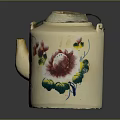 Ceramic Kettle With Floral Pattern Red Flower Green Leaves Lid And Handle