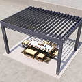 Modern Outdoor Pergola With Black Metal Frame Slatted Roof And Wooden Table Stools