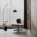 Elegant Living Room Interior With Arched Floor Lamp White Armchair And Vertical Striped Curtains
