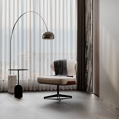 Elegant Living Room Interior With Arched Floor Lamp White Armchair And Vertical Striped Curtains 3d model