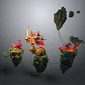 Cartoon Scenery of Floating Islands with Chinese Style Pavilions Green Plants Rocks and Vines