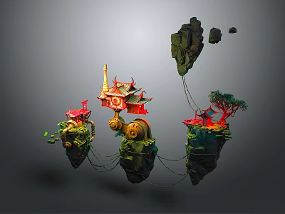 Cartoon Scenery of Floating Islands with Chinese Style Pavilions Green Plants Rocks and Vines 3d model