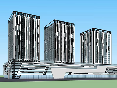 Modern Commercial Complex Exterior Featuring High Rise Buildings And Glass Facade Design 3d model
