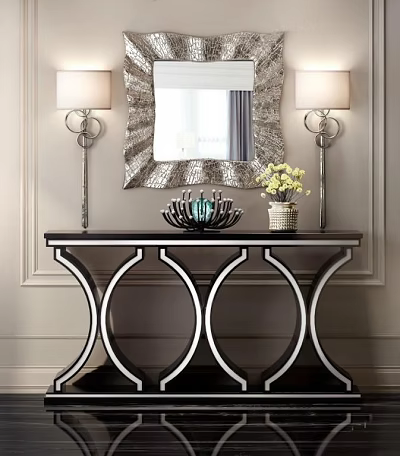 Elegant Modern Console Table Design With Decorative Mirror Table Lamps And Flower Vase 3d model