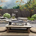 Traditional Garden With Orange Fruit Trees Stone Wall Lantern Table Round Cushions And Misty Mountain