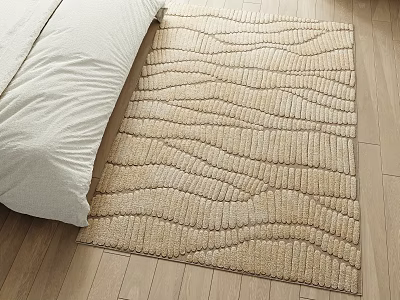 Beige Square Rug With Wavy Pattern On Bedroom Wooden Floor Near White Bed 3d model
