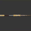 Yellow Weapon With Wooden Stock Metal Components And Hook Rope Attachment On Gray Reflective Surface