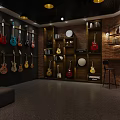 Guitar Store With Display Guitars Stage Sound Equipment Lighting Brick Walls And Dark Curtains