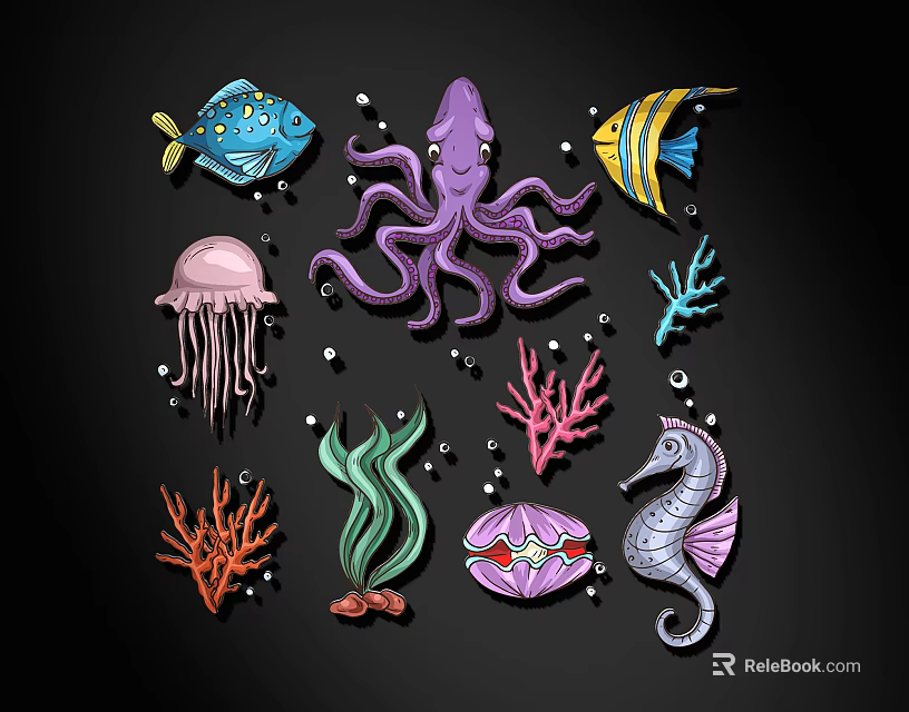 Colorful Ocean Themed Wall Decor With Octopus Fish Jellyfish Seahorse Coral And Seashell Designs 3d model 