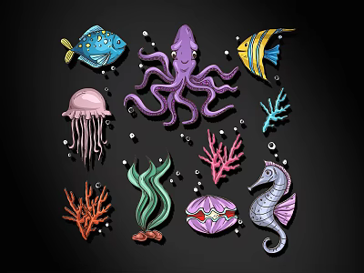 Colorful Ocean Themed Wall Decor With Octopus Fish Jellyfish Seahorse Coral And Seashell Designs 3d model