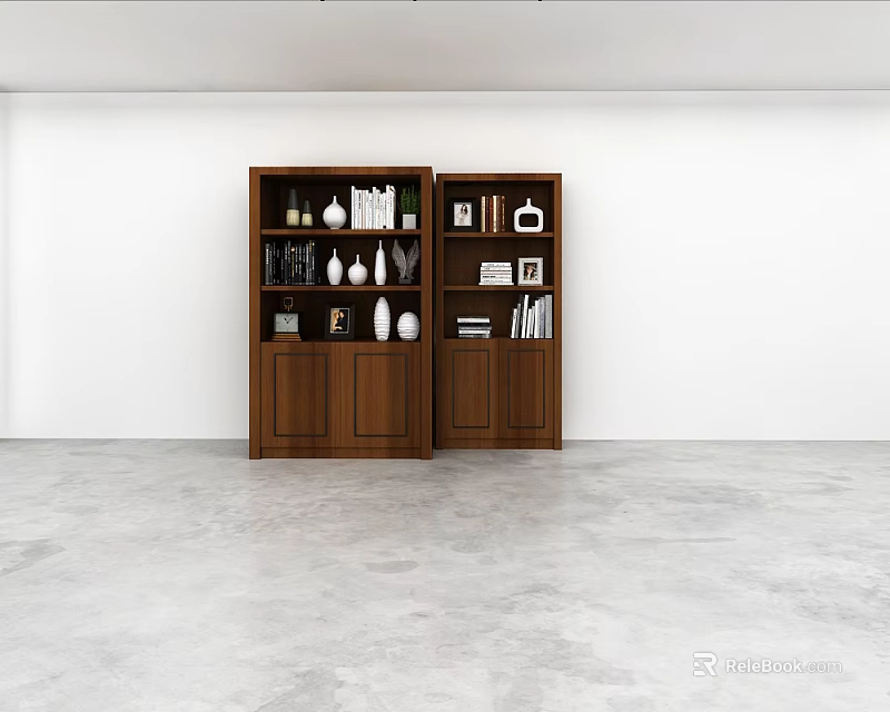 Modern Brown Wall Cabinets With Decorative Vases Books Photo Frames On White Wall Gray Floor 3d model 