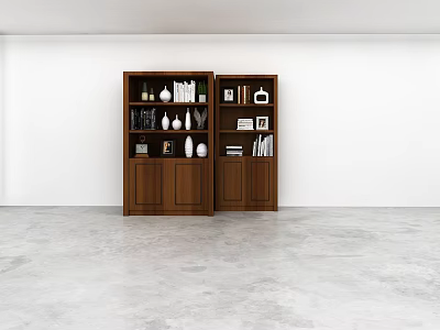 Modern Brown Wall Cabinets With Decorative Vases Books Photo Frames On White Wall Gray Floor 3d model