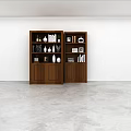 Modern Brown Wall Cabinets With Decorative Vases Books Photo Frames On White Wall Gray Floor