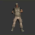 Game Movie Character with Tactical Vest Cap Holding Weapon Standing Camouflage Pants Boots Gray Background