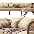 Beige Sectional Sofa With Rattan Armrests Wooden Legs And Decorative Pillows