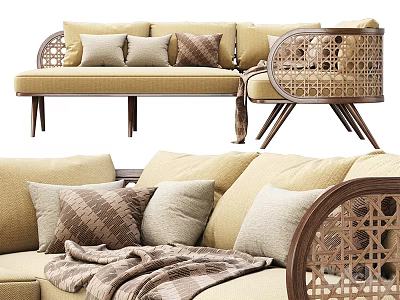 Beige Sectional Sofa With Rattan Armrests Wooden Legs And Decorative Pillows 3d model