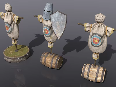 Three Building Blocks Medieval Knight Figures On Wooden Barrels With Shields And Emblems 3d model