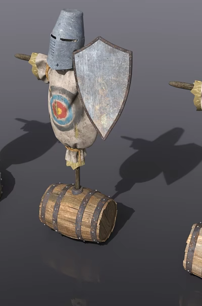 Three Building Blocks Medieval Knight Figures On Wooden Barrels With Shields And Emblems 3d model
