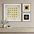 Abstract Paintings With Yellow Dots Lines And Gold Black Elements On Wall 3d model