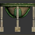 Round Decorative Table With Green Edge Light Interior Four Column Legs And Square Bases