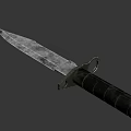 Tactical Military Knife With Worn Metal Blade And Black Textured Handle Isolated On Gray Background